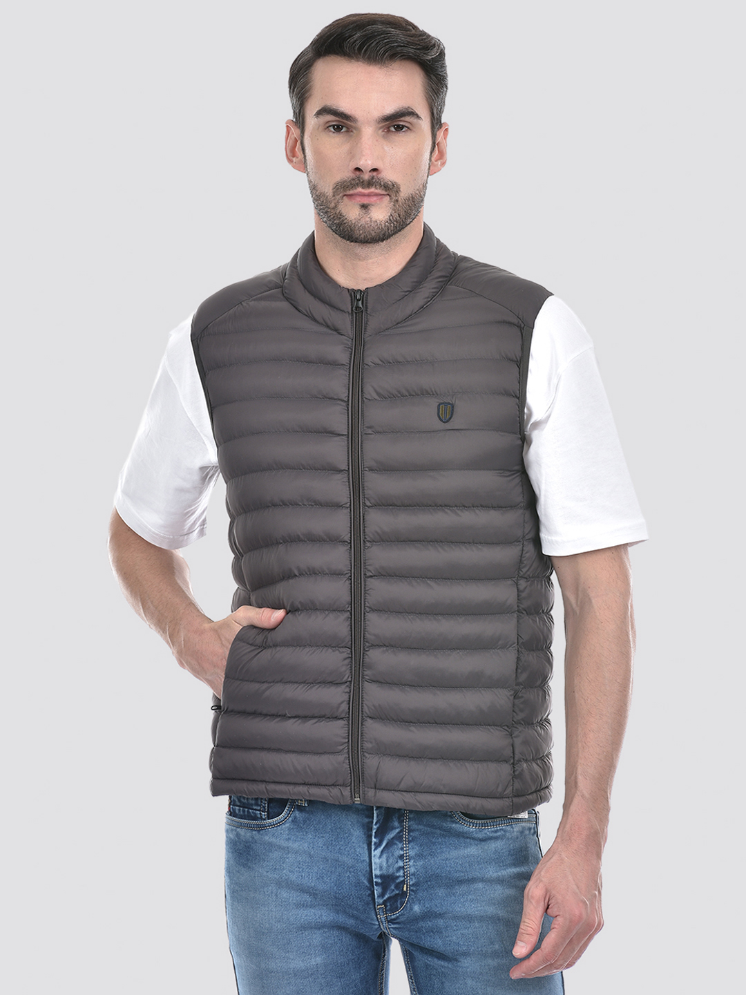Numero Uno Men Solid Grey Quilted Regular Fit Jacket